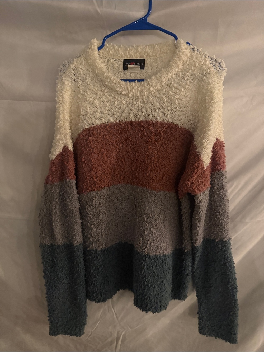 Love Tree Plush Colorblock Crewneck Sweater - Cream, Rust, Gray, Blue